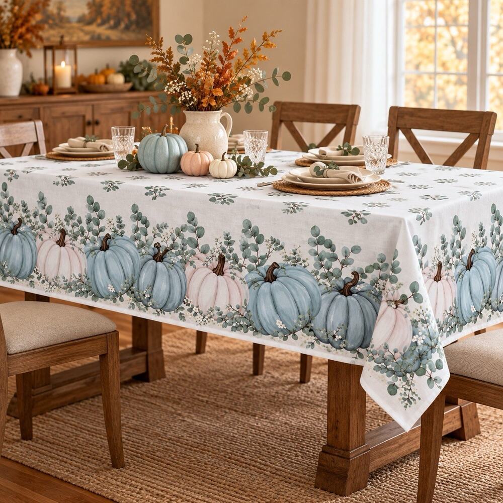 Pumpkin & Eucalyptus Fall Tablecloth 60 x 84 Rectangular New in Package